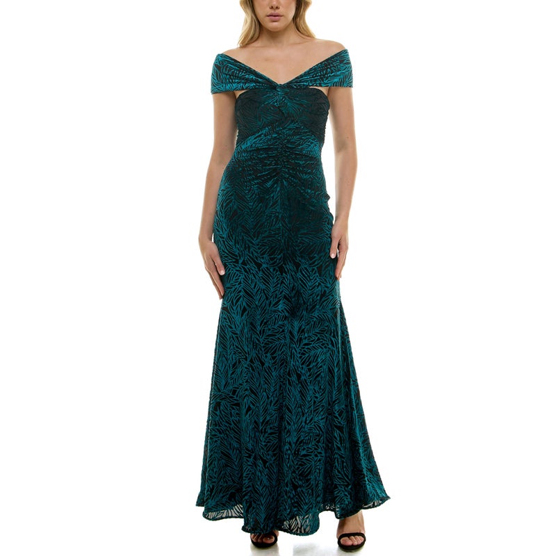 Taylor Women's Off The Shoulder Body Twist Bodice with Center Front Rouching Long Dress, Malachite Black - Image 1
