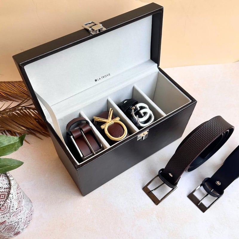 La Trove Premium 4 Slot Belt Organizer Box Closed for Belts Brown - Image 1