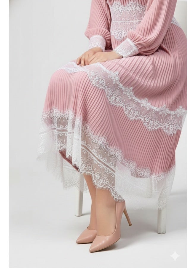 FULL JOY Maxi Elegant Pink Pleated Evening Dress with White Lace And Long Sleeves  ,Fashion Dress - Image 3