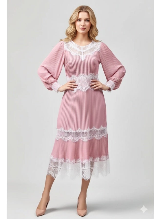 FULL JOY Maxi Elegant Pink Pleated Evening Dress with White Lace And Long Sleeves  ,Fashion Dress - Image 1