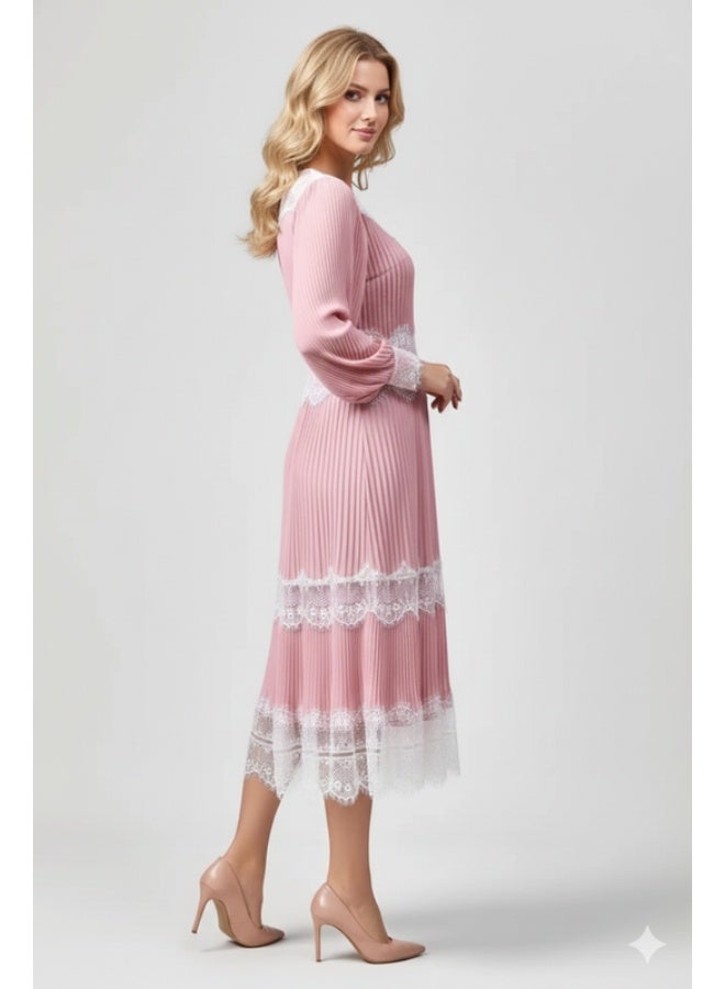 FULL JOY Maxi Elegant Pink Pleated Evening Dress with White Lace And Long Sleeves  ,Fashion Dress - Image 2