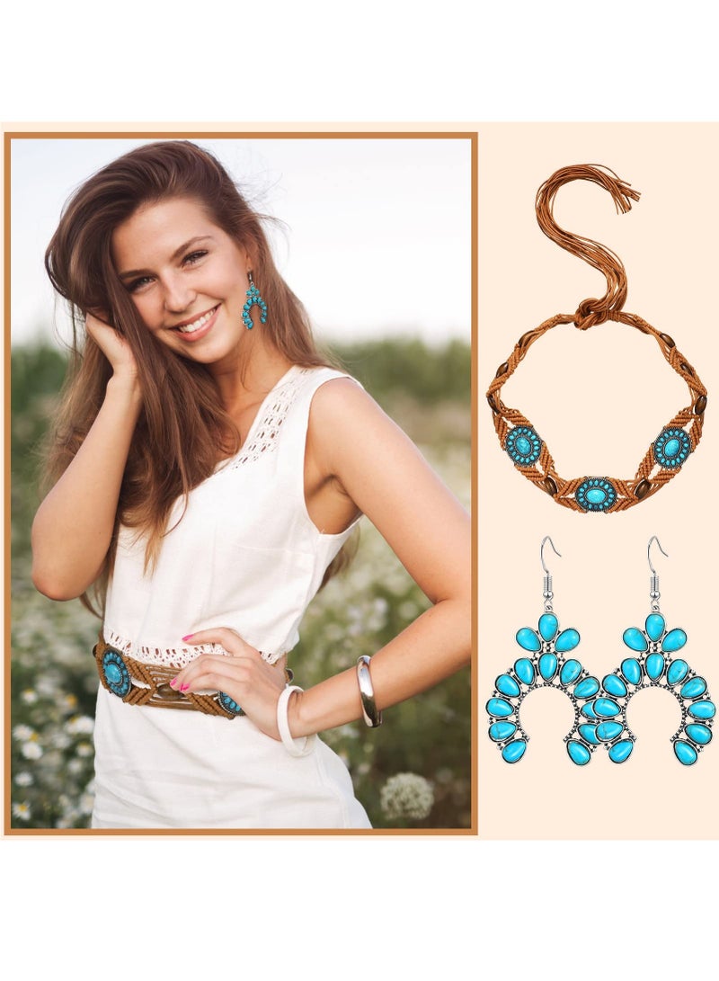 2 Pcs Turquoise Braid Waist Belt, Bohemian Style Woven Belt and Turquoise Jewelry and Drop Statement Post Earrings Set for Women - Image 1