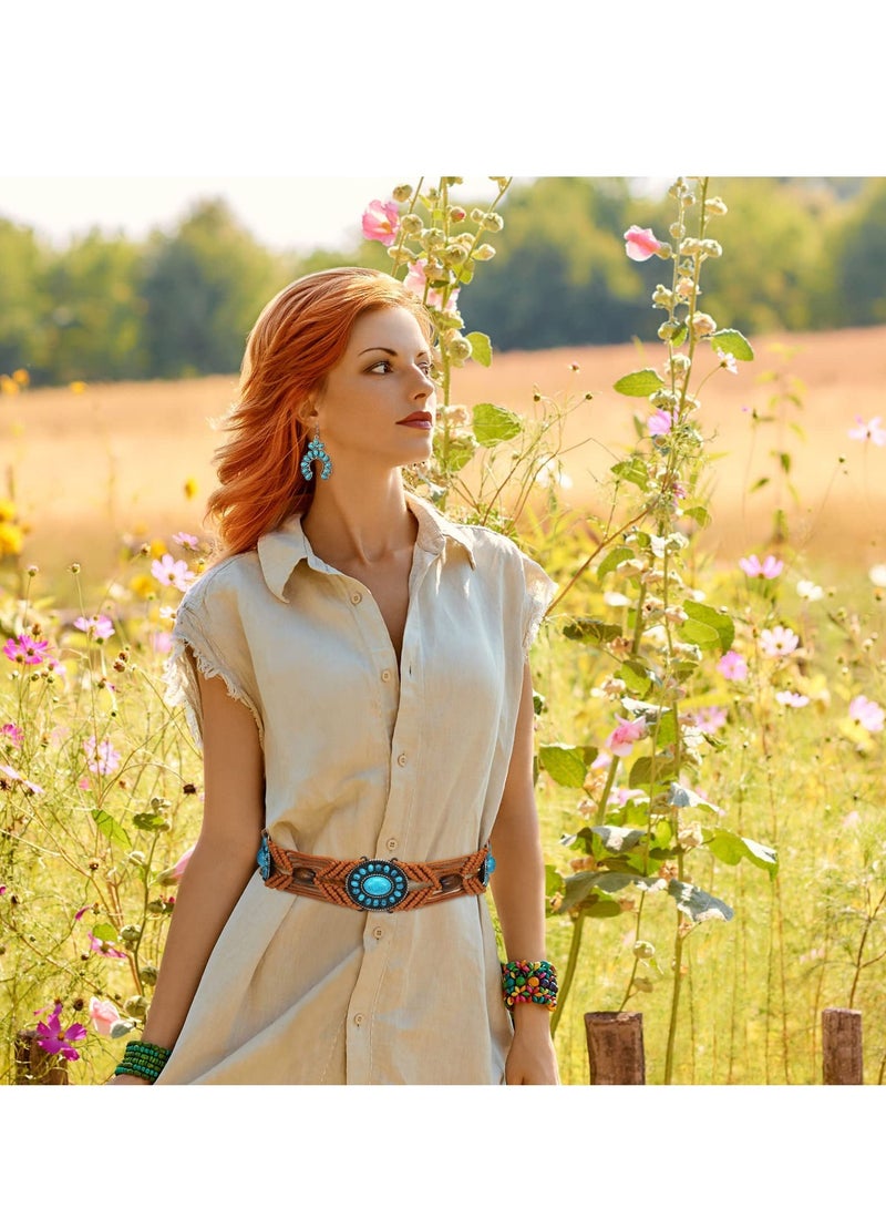 2 Pcs Turquoise Braid Waist Belt, Bohemian Style Woven Belt and Turquoise Jewelry and Drop Statement Post Earrings Set for Women - Image 3