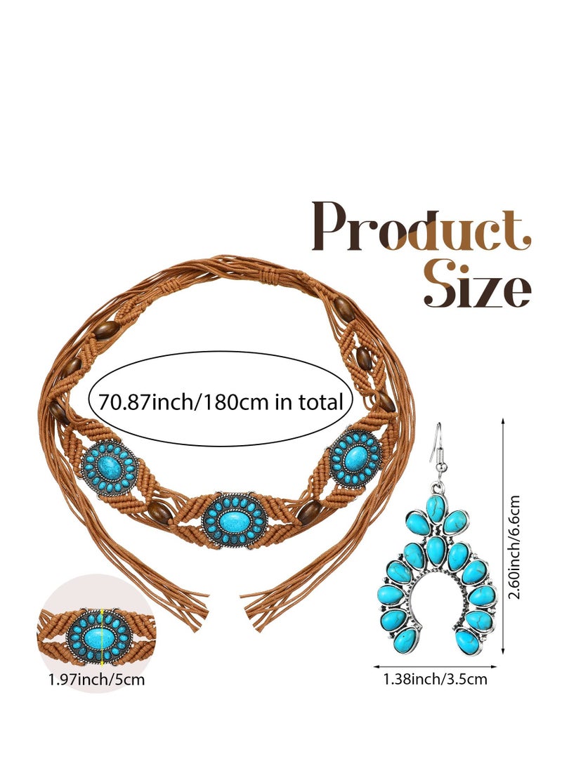 2 Pcs Turquoise Braid Waist Belt, Bohemian Style Woven Belt and Turquoise Jewelry and Drop Statement Post Earrings Set for Women - Image 5