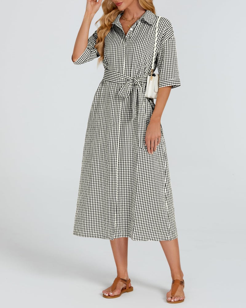 YEXPINE Women's Half Sleeve Plaid Midi Dress Collar V Neck Belted Casual Button Down Long Loose Dress Black - Image 3