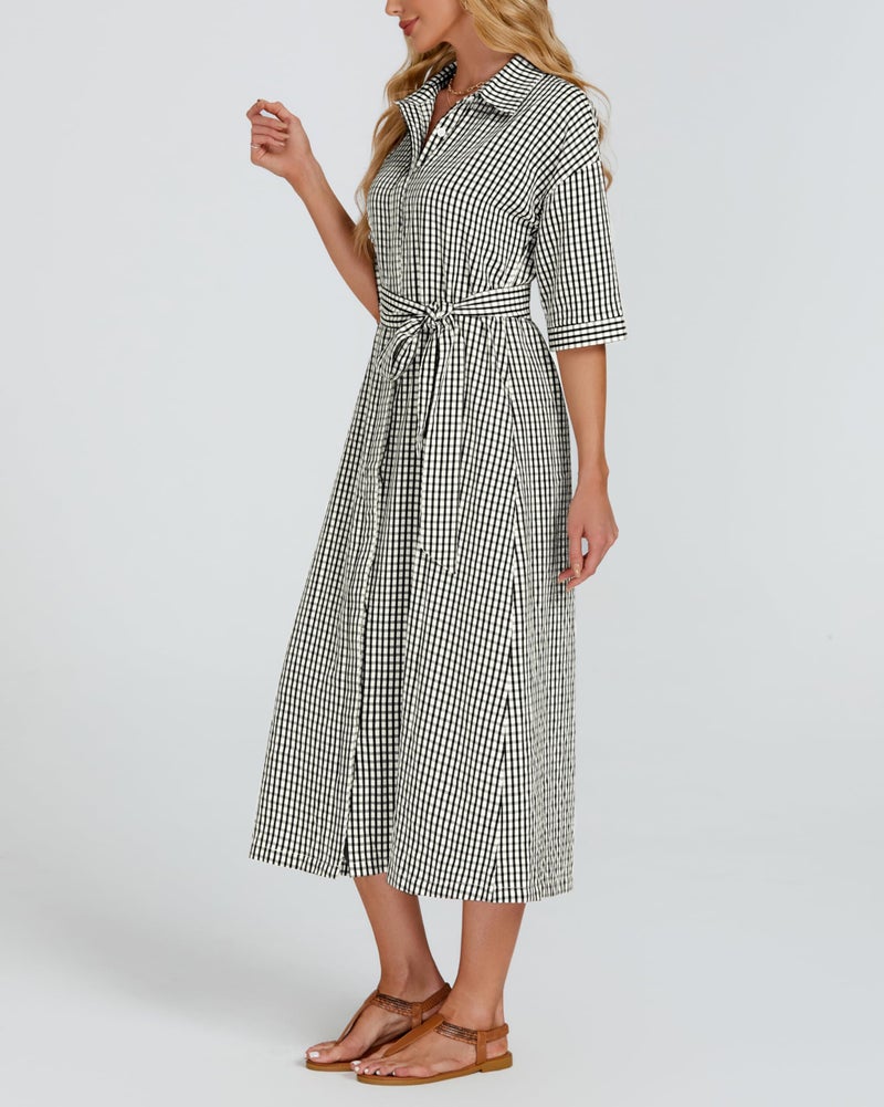 YEXPINE Women's Half Sleeve Plaid Midi Dress Collar V Neck Belted Casual Button Down Long Loose Dress Black - Image 2