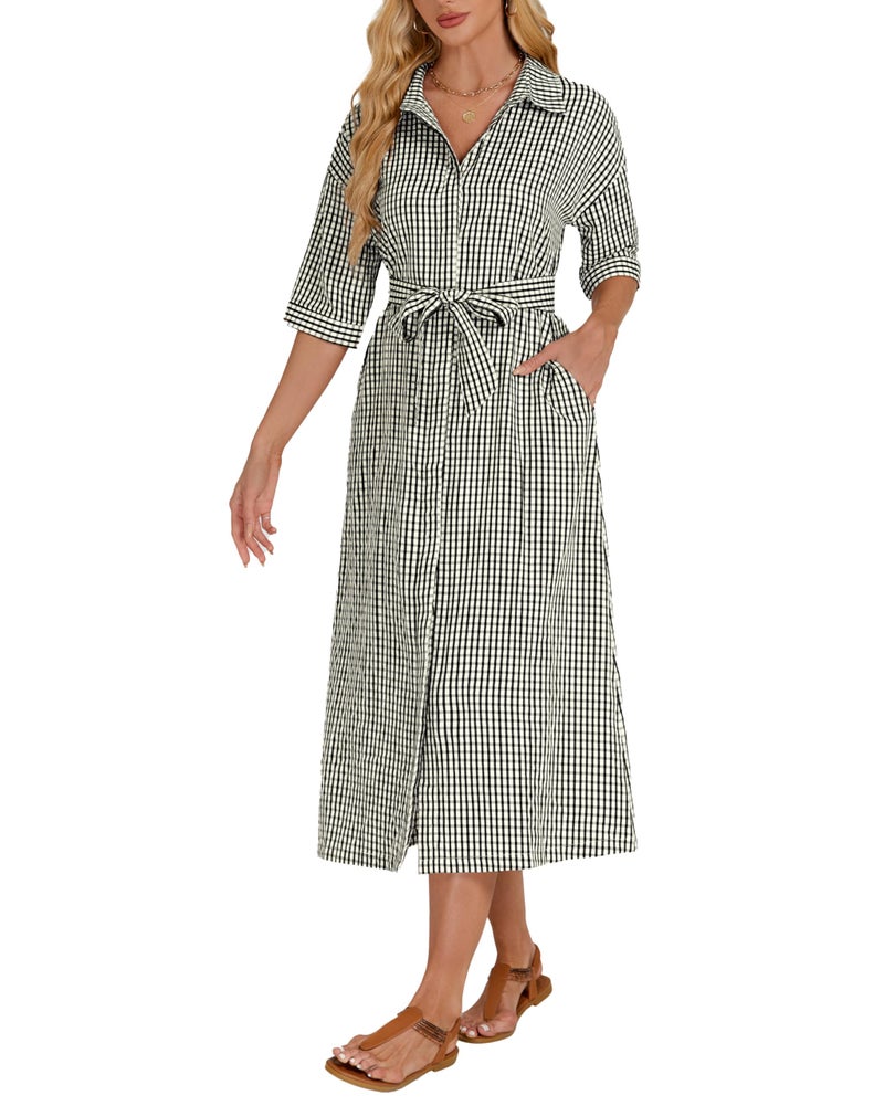 YEXPINE Women's Half Sleeve Plaid Midi Dress Collar V Neck Belted Casual Button Down Long Loose Dress Black - Image 1