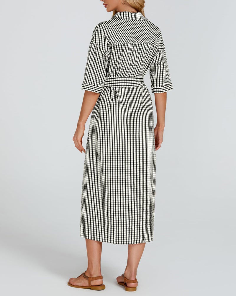 YEXPINE Women's Half Sleeve Plaid Midi Dress Collar V Neck Belted Casual Button Down Long Loose Dress Black - Image 5