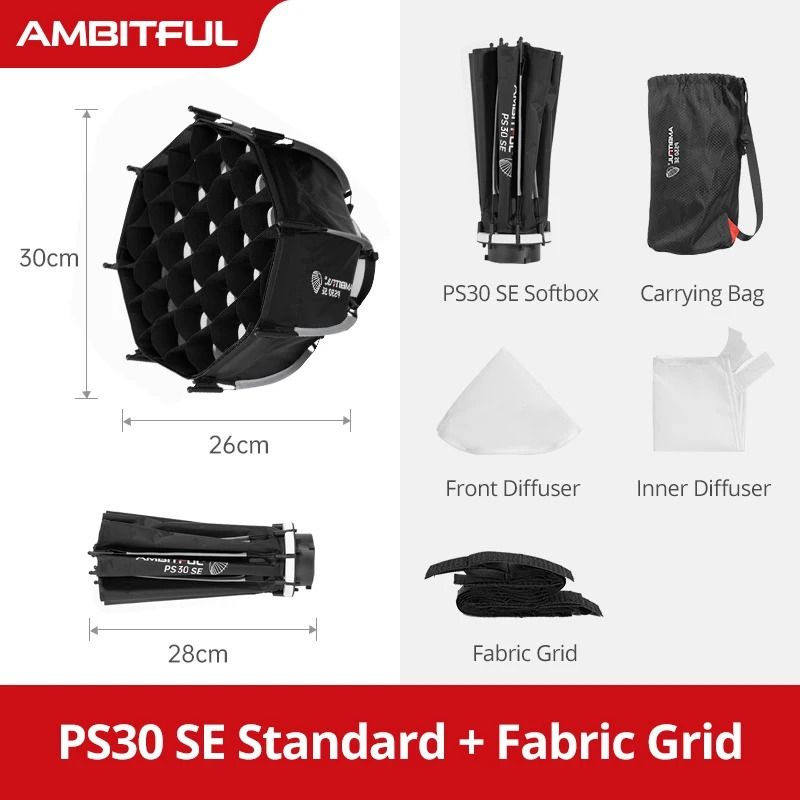 أمبيتيفول صندوق إضاءة ناعم Ambitful PS30 SE Mini Quick Release Octagon Softbox with Grid and Bowens Mount for LED Light - Image 1