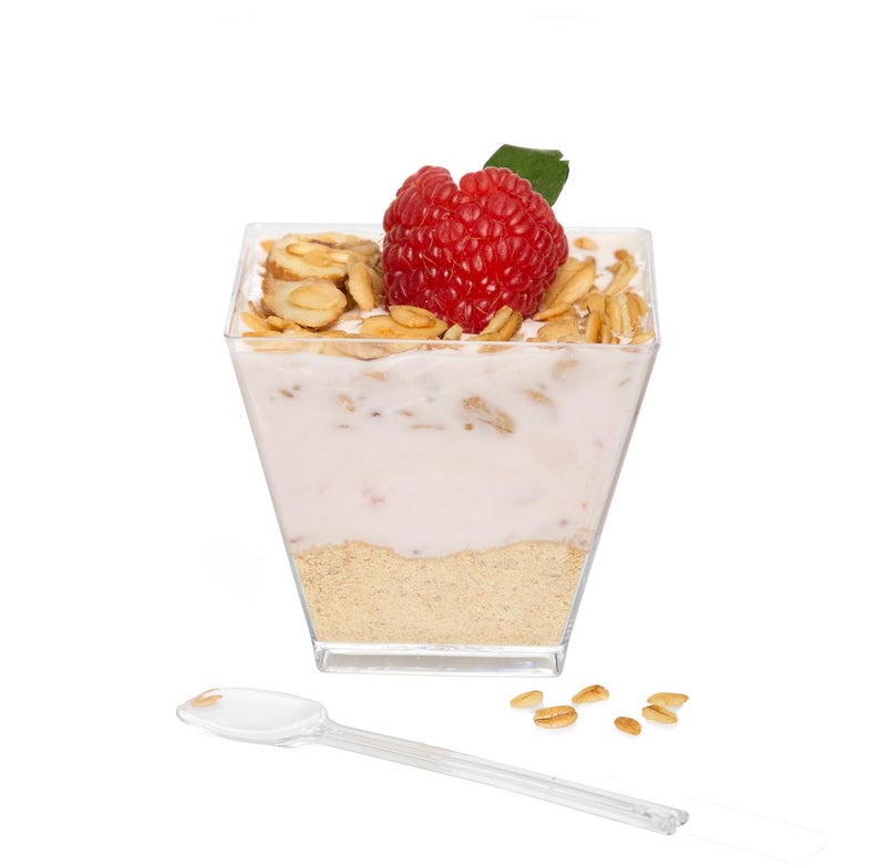 Ilyapa 2oz Plastic Dessert Cups  100 Pack Mini Dessert Cups with Spoons  Small Clear Reusable for Cheesecake Shooters Chocolate Mousse Parfait  Party and Catering Supplies  Square