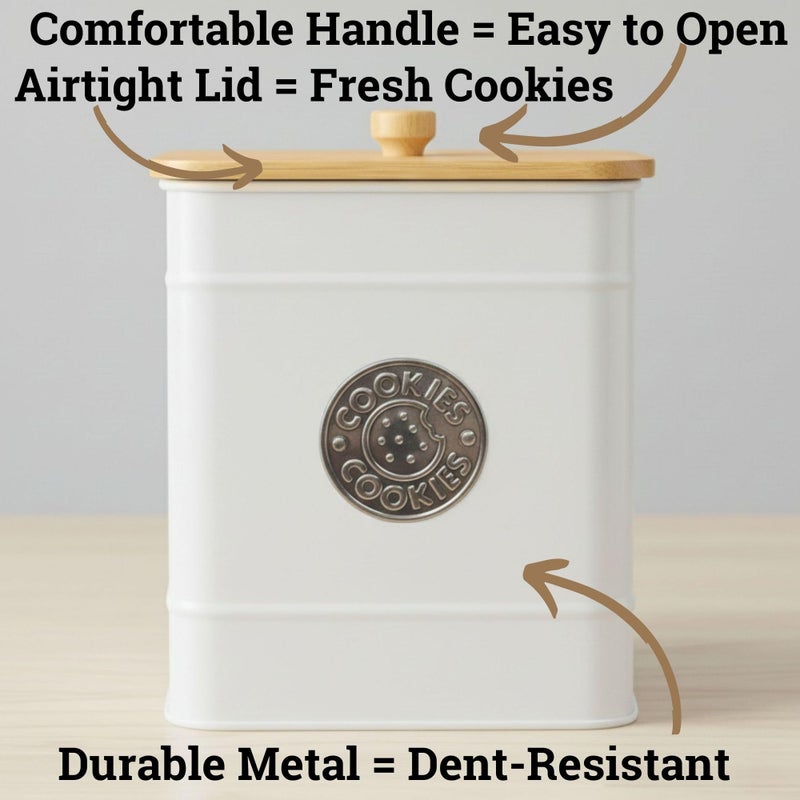 HB Design Co. Cookie Jar with Airtight Lid - 1 Gallon - 6"D x 8"H White Iron Cookie Tin with Bamboo Lid - Large Cookie Jars with Lids Airtight - Farmhouse Cookie Jars for Kitchen Counter Decorative - Cookies Jar - Image 2