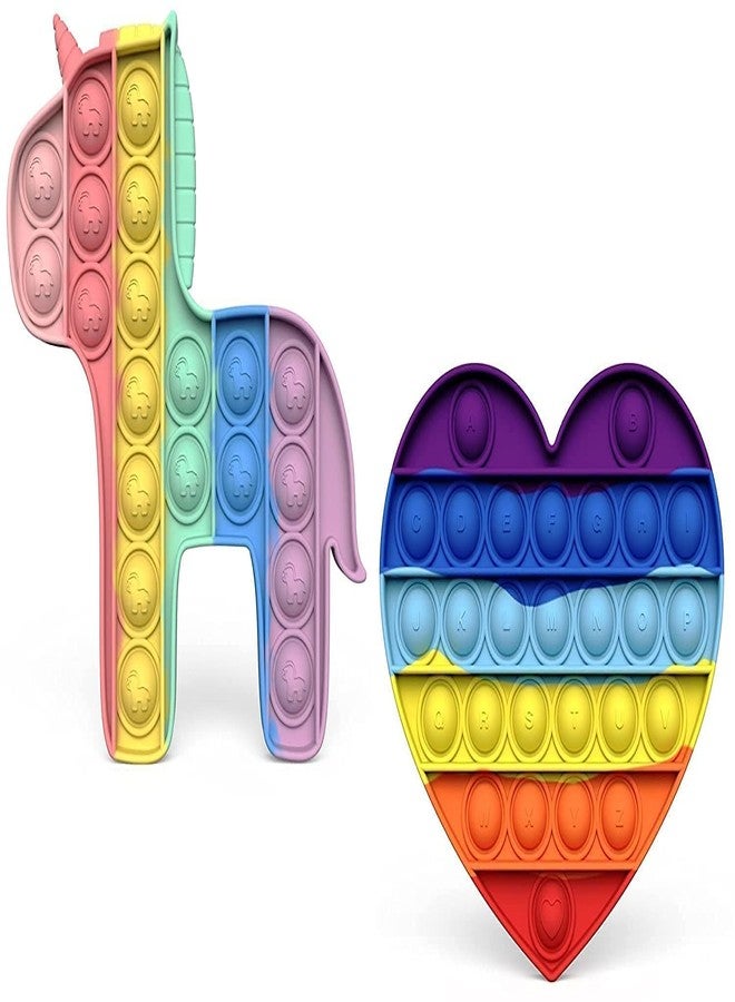 WISHKEY Soft Silicone Unicorn & Heart Shaped Colorful Rainbow Push Pop It Bubble Sensory Fidget Stress Relief Anti-Anxiety Satisfying Relaxing Toy for Kids and Adults (Pack of 2, Multicolor) - Image 1