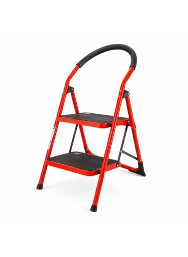 2-Step red Foldable Steel Ladder with Safety Handle & Anti-Slip Steps - Image 1