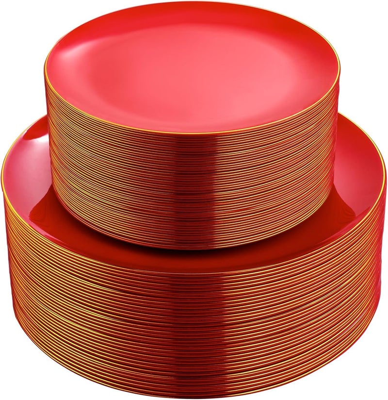 PULOTE 100PCS Red Plastic Plates Disposable Heavy Duty - Include 50 Dinner / 50 Dessert Plates for Party & Christmas - Image 1