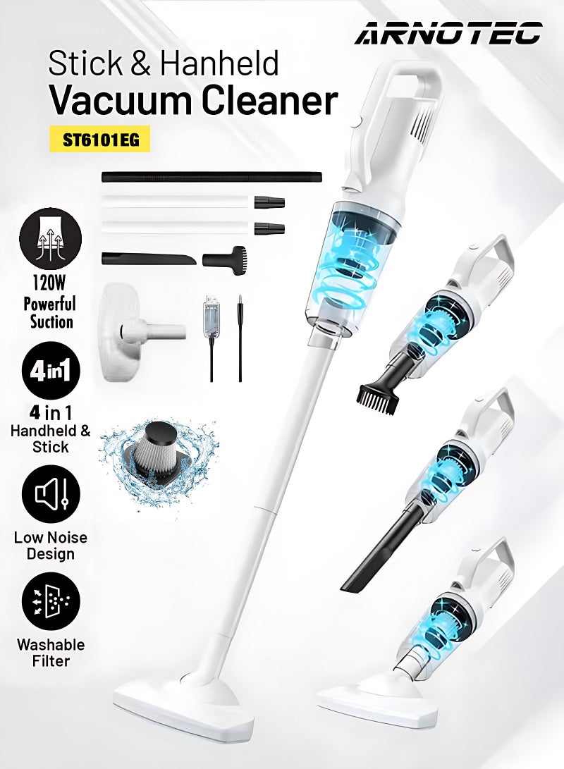 ARNOTEC 4-in-1 Cordless Stick & Handheld Vacuum Cleaner, 120W 12000Pa Powerful Suction, LED Light, Rechargeable Lightweight Vacuum with Washable Filter for Home, Car, Carpet & Pet Hair - Image 1