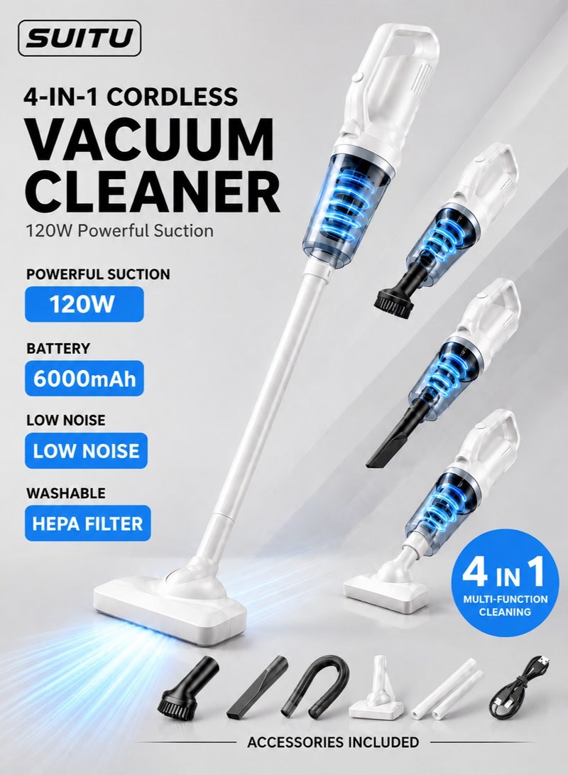 SUITU 4-in-1 Cordless Stick & Handheld Vacuum Cleaner, 120W 12000Pa Powerful Suction, LED Light, Rechargeable Lightweight Vacuum with Washable Filter for Home, Car, Carpet & Pet Hair - Image 1