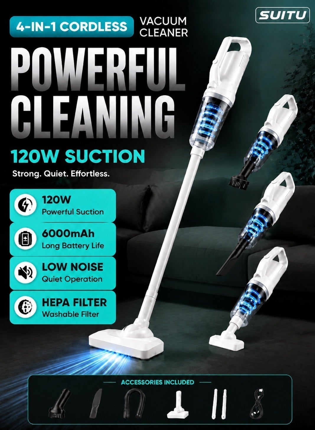 4-in-1 Cordless Stick & Handheld Vacuum Cleaner, 120W 12000Pa Powerful Suction, LED Light, Rechargeable Lightweight Vacuum with Washable Filter for Home, Car, Carpet & Pet Hair