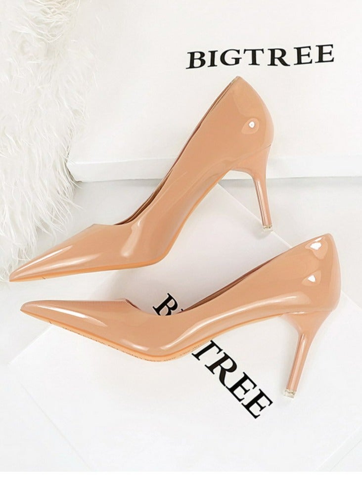 بيج تري Women's Fashionable Shiny Stiletto Pumps 7.5cm Elegant Gorgeous Closed Pointed Toe Slip On Solid High Heels Light Brown