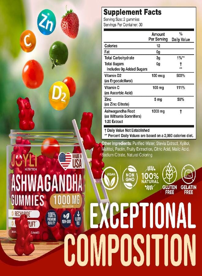 JOYLI NUTRITION Ashwagandha Gummies for Women And Men - Natural Calm Gummies with Ashwagandha Root Extract Vitamin C Zinc - Ashwagandha Herbal Supplement for Sleep Stress Balance - 60 Vegan Sugar Free Chews  - Image 3