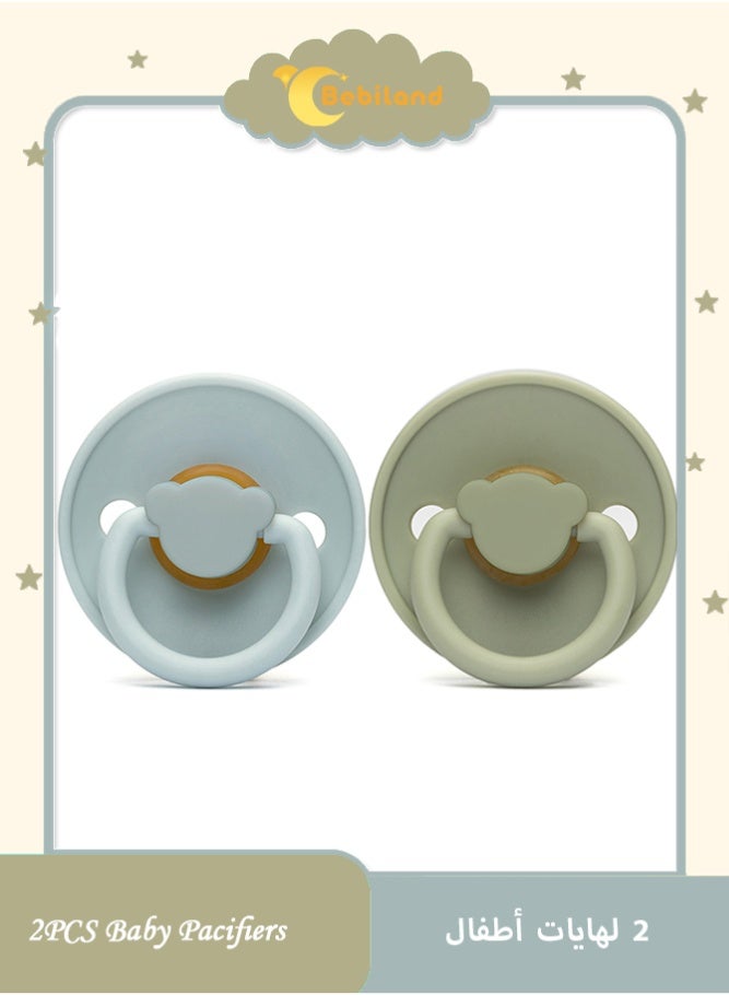 2 PCS Natural Latex Baby Pacifier, Cute Bear Design Round Tip Soother with Ventilation Holes, for 0-3 Years Baby (Blue / Green)