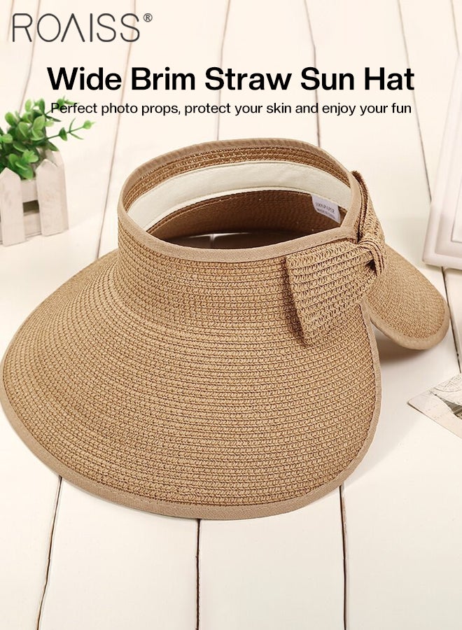 roaiss Wide Brim Straw Hat with Bow Decor for Women UV Protection Breathable Foldable Open Top Sun Visor Hat for Beach Vacation Packable Hat Floppy Cap Deep Style Adjustable Size - Image 4