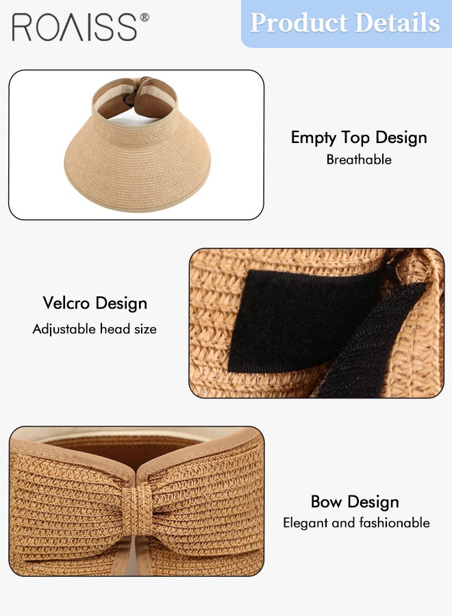 roaiss Wide Brim Straw Hat with Bow Decor for Women UV Protection Breathable Foldable Open Top Sun Visor Hat for Beach Vacation Packable Hat Floppy Cap Deep Style Adjustable Size - Image 5