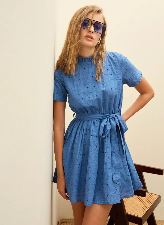 SASSAFRAS Blue Embroidered Fit & Flare Mini Dress for Women
