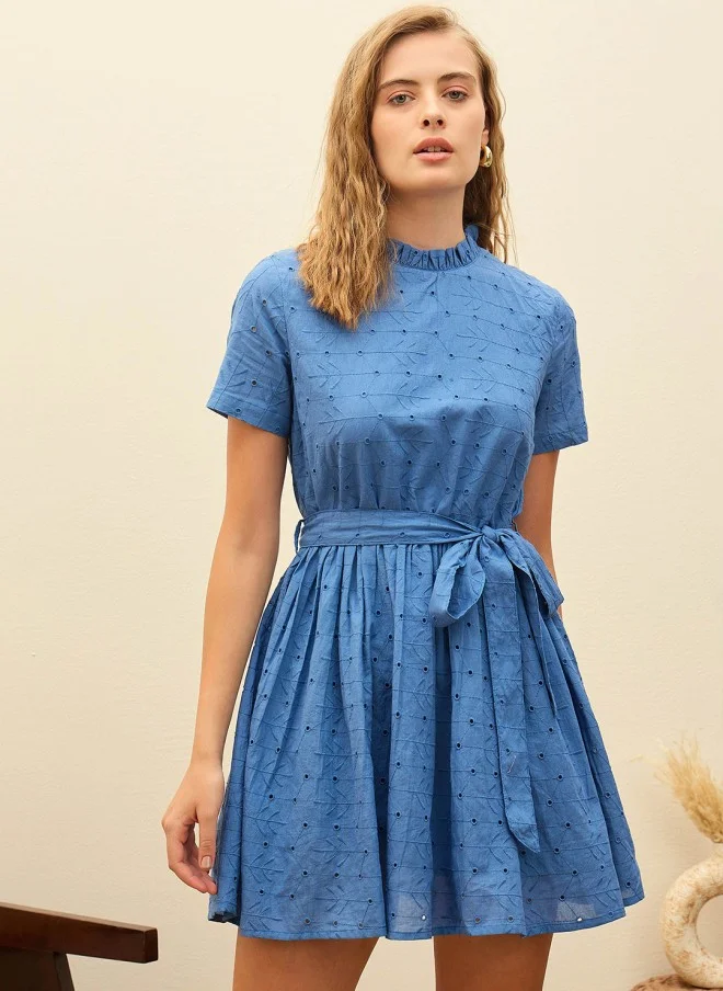 SASSAFRAS Blue Embroidered Fit & Flare Mini Dress for Women
