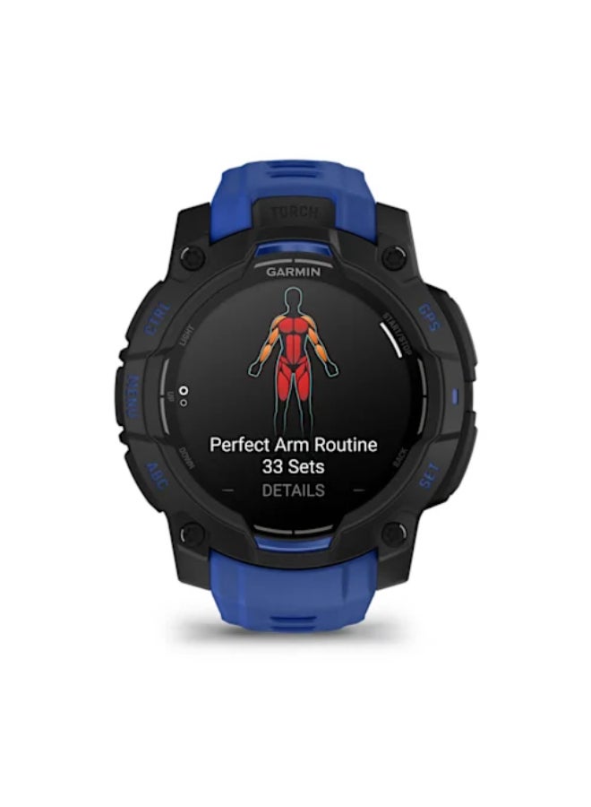 جارمين ساعة GARMIN Instinct 3 – 45 مم، سوداء مع حزام أزرق/أسود | شاشة AMOLED ساطعة بحجم 1.2" مع عمر بطارية يصل إلى 18 يومًا | تصميم متين مع مصباح يدوي مدمج، إشعارات ذكية - Image 4