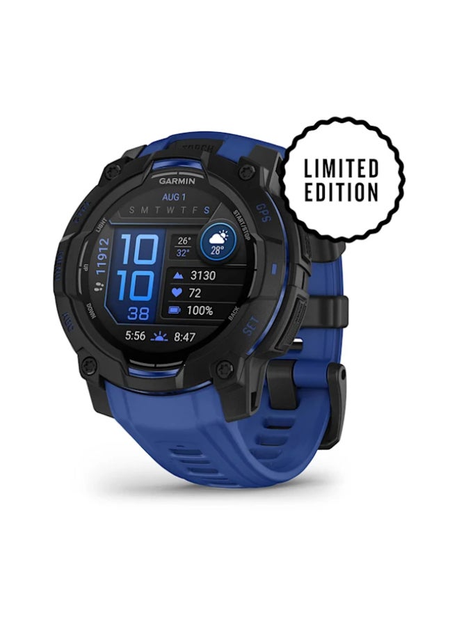 جارمين ساعة GARMIN Instinct 3 – 45 مم، سوداء مع حزام أزرق/أسود | شاشة AMOLED ساطعة بحجم 1.2" مع عمر بطارية يصل إلى 18 يومًا | تصميم متين مع مصباح يدوي مدمج، إشعارات ذكية - Image 1