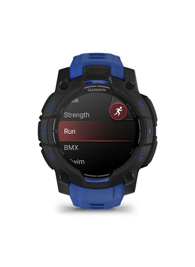 جارمين ساعة GARMIN Instinct 3 – 45 مم، سوداء مع حزام أزرق/أسود | شاشة AMOLED ساطعة بحجم 1.2" مع عمر بطارية يصل إلى 18 يومًا | تصميم متين مع مصباح يدوي مدمج، إشعارات ذكية - Image 2