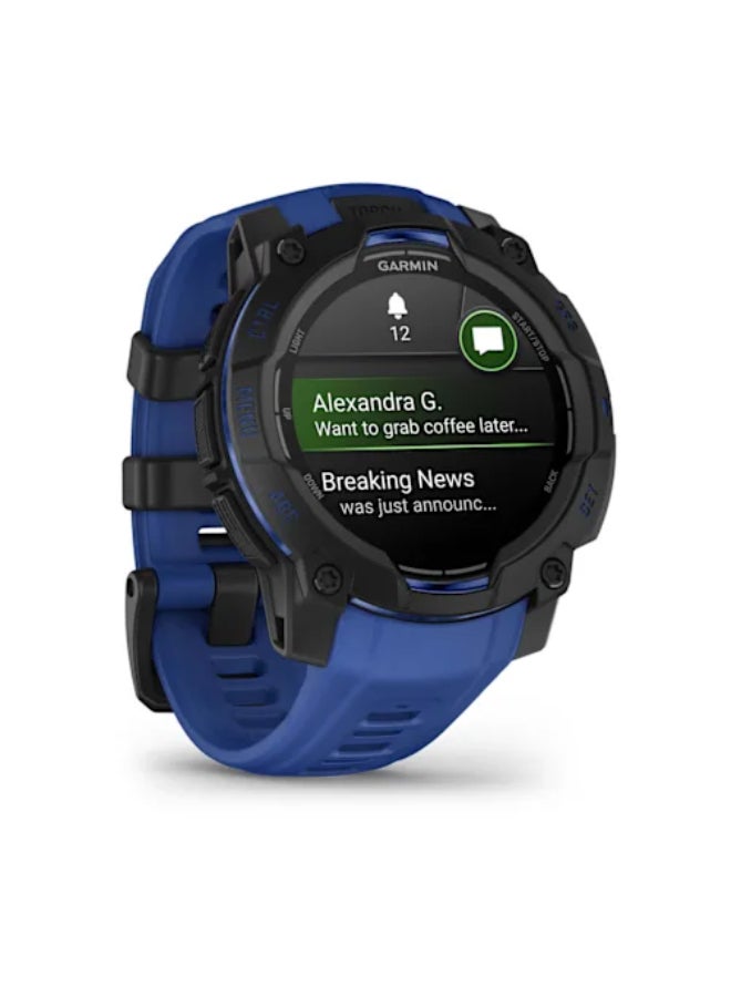 جارمين ساعة GARMIN Instinct 3 – 45 مم، سوداء مع حزام أزرق/أسود | شاشة AMOLED ساطعة بحجم 1.2" مع عمر بطارية يصل إلى 18 يومًا | تصميم متين مع مصباح يدوي مدمج، إشعارات ذكية - Image 3
