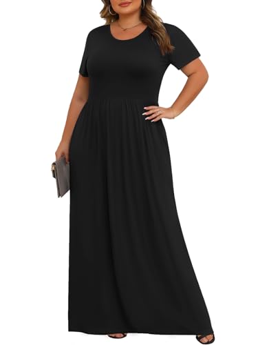Tencede Womens Plus Size Maxi Dresses Summer 2026 Casual Short Sleeve with Pockets Long Dress Black 3X - Image 2