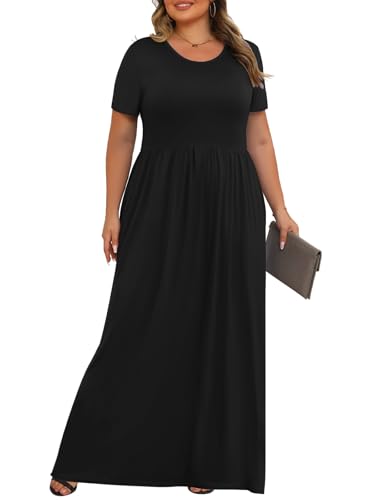 Tencede Womens Plus Size Maxi Dresses Summer 2026 Casual Short Sleeve with Pockets Long Dress Black 3X - Image 3
