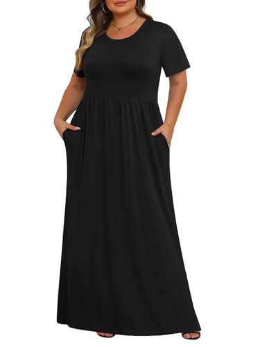 Tencede Womens Plus Size Maxi Dresses Summer 2026 Casual Short Sleeve with Pockets Long Dress Black 3X - Image 1