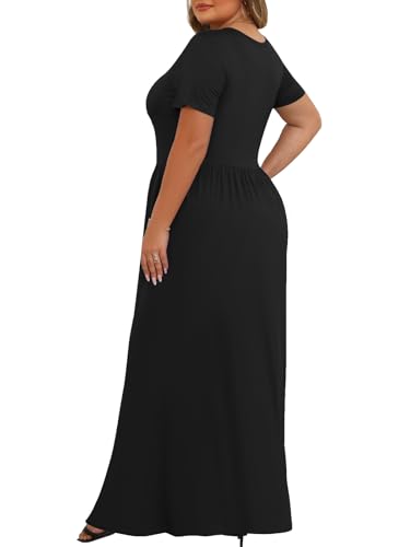Tencede Womens Plus Size Maxi Dresses Summer 2026 Casual Short Sleeve with Pockets Long Dress Black 3X - Image 4