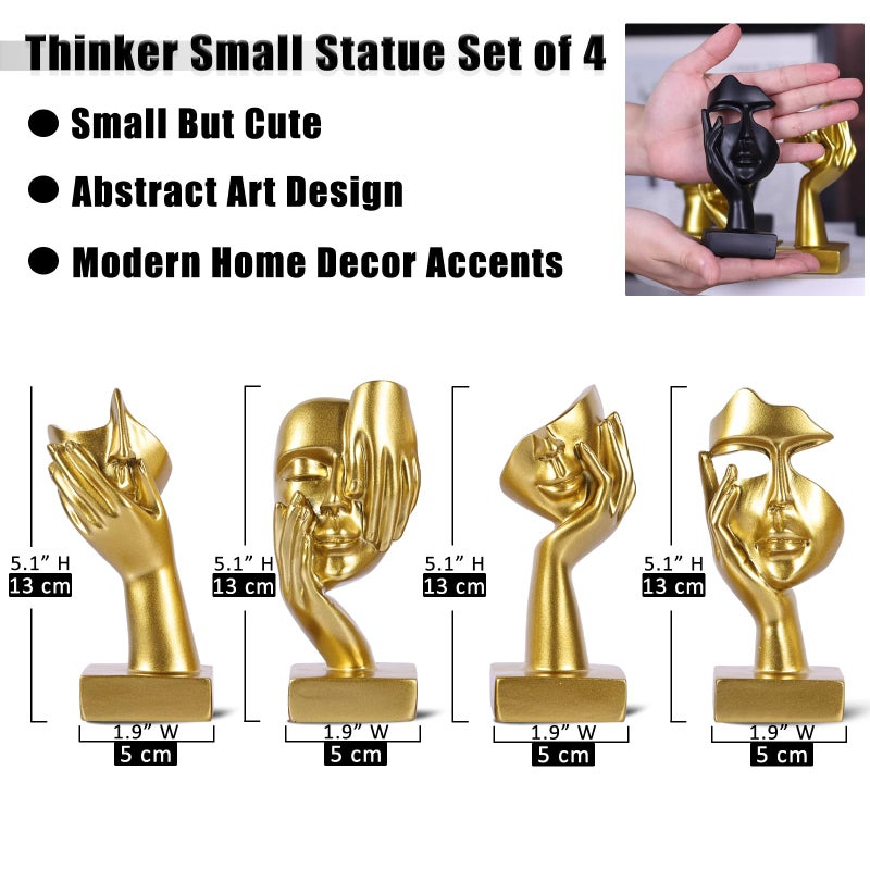 oliruim Gold Abstract Thinker Figurine Set of 4, Home Art Face Small Statue for Accents Decor Women Bedroom Shelf Bookcase Room Desk, TV Stand, Coffee Table Decor, Art Sculpture Gifts for Women (Gold) - Image 3