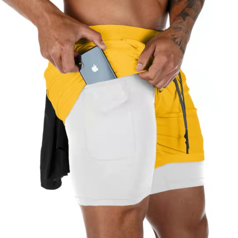 Shorts Mens 2023 Summer New Double-Layer American Quick-Dry Running Sports Fitness Casual Outdoor Loose Shorts Yellow 