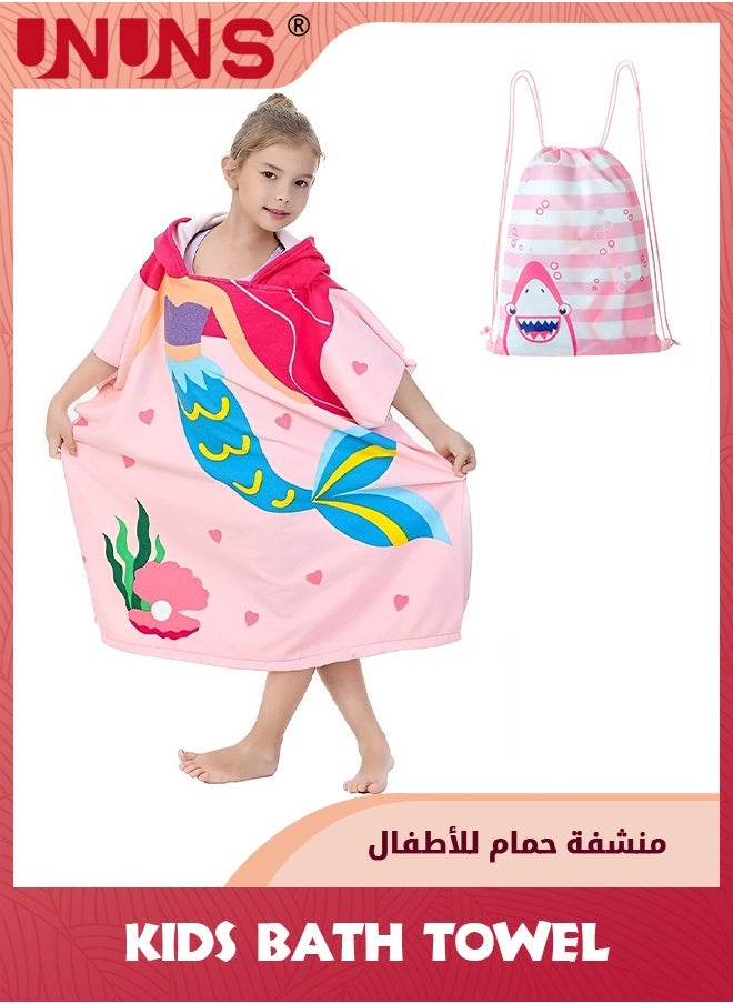 UNUNS Large Beach Towel For Kids,Super Soft Microfiber Bath Towel With Drawstring Bag,Cute Coverup Swimming Towels,Hooded Baby Bath Towel Poncho, Pool Cape For Baby Boy Girls 3-10 Years,Pink Mermaid  - Image 1