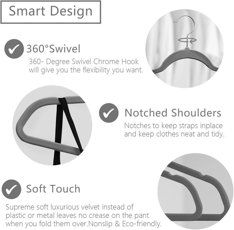 MIZGI Premium Velvet Hangers Heavy duty - Non Slip - Velvet Suit Hangers Gray - Chrome Hooks,Space Saving Clothes Hangers,Grey,One Size (Pack of 50),RD__GY - Image 3