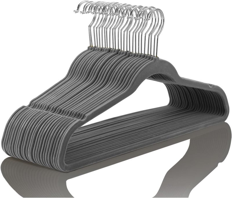 MIZGI Premium Velvet Hangers Heavy duty - Non Slip - Velvet Suit Hangers Gray - Chrome Hooks,Space Saving Clothes Hangers,Grey,One Size (Pack of 50),RD__GY - Image 1