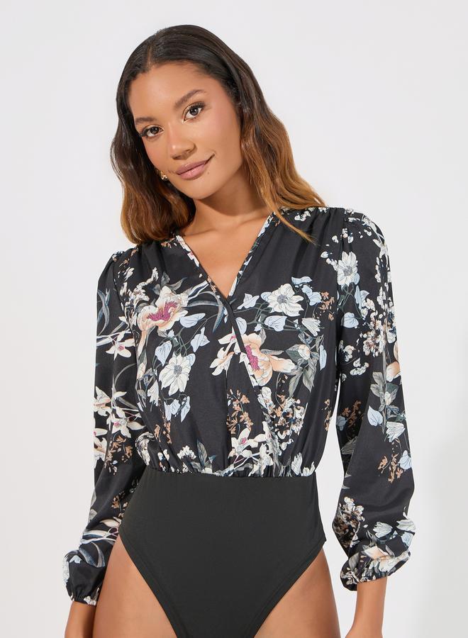 Styli Floral Print V Neck Bodysuit  - Image 1