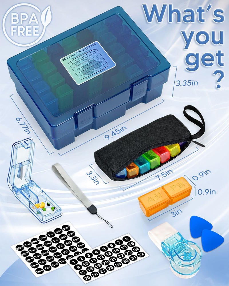 FRIWOLE Monthly Pill Organizer 2 Times a Day, FRIWOLE Medicine Box with Portable Weekly Pill Bag, Pill Taker Remover, Pill Cutter and 2 Sticker(Blue, 2 Times a Day) - Image 2
