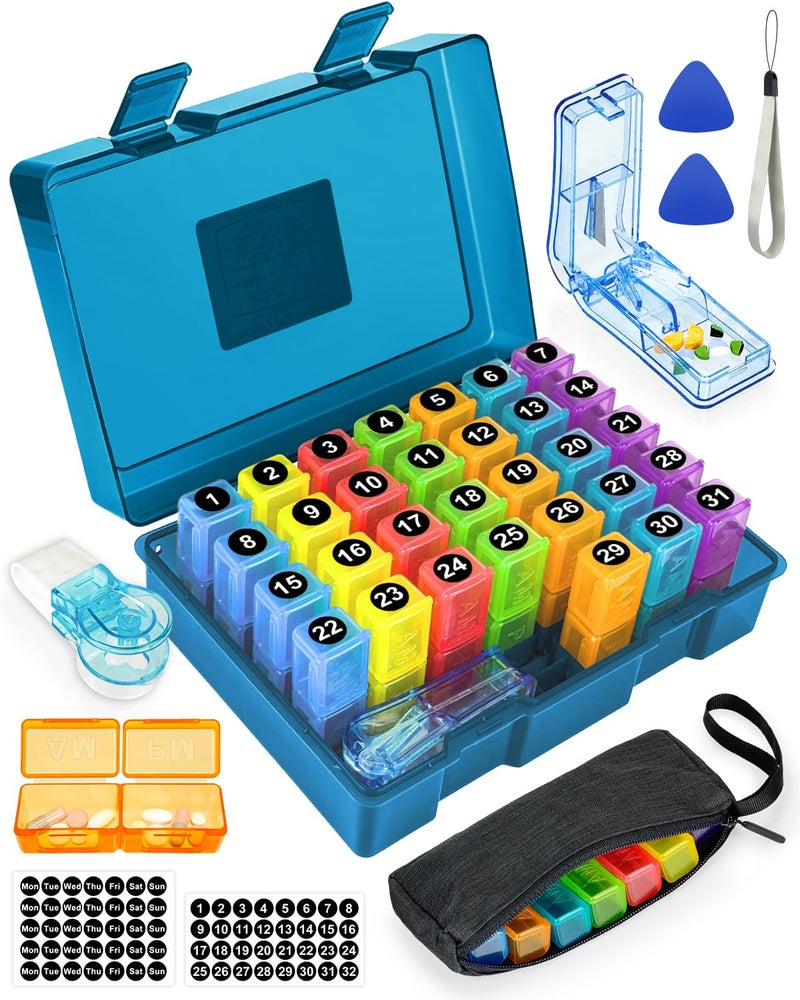 FRIWOLE Monthly Pill Organizer 2 Times a Day, FRIWOLE Medicine Box with Portable Weekly Pill Bag, Pill Taker Remover, Pill Cutter and 2 Sticker(Blue, 2 Times a Day) - Image 1