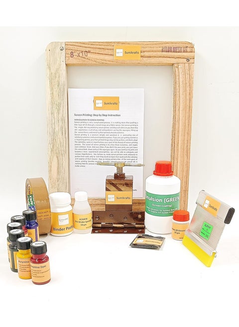 sumikrafts Screen Printing kit for Beginners 6 Assorted Pigment Dyes Single Hinge Table clampWooden Frame Small 8x10 pre Stretched mesh no 16Option 3