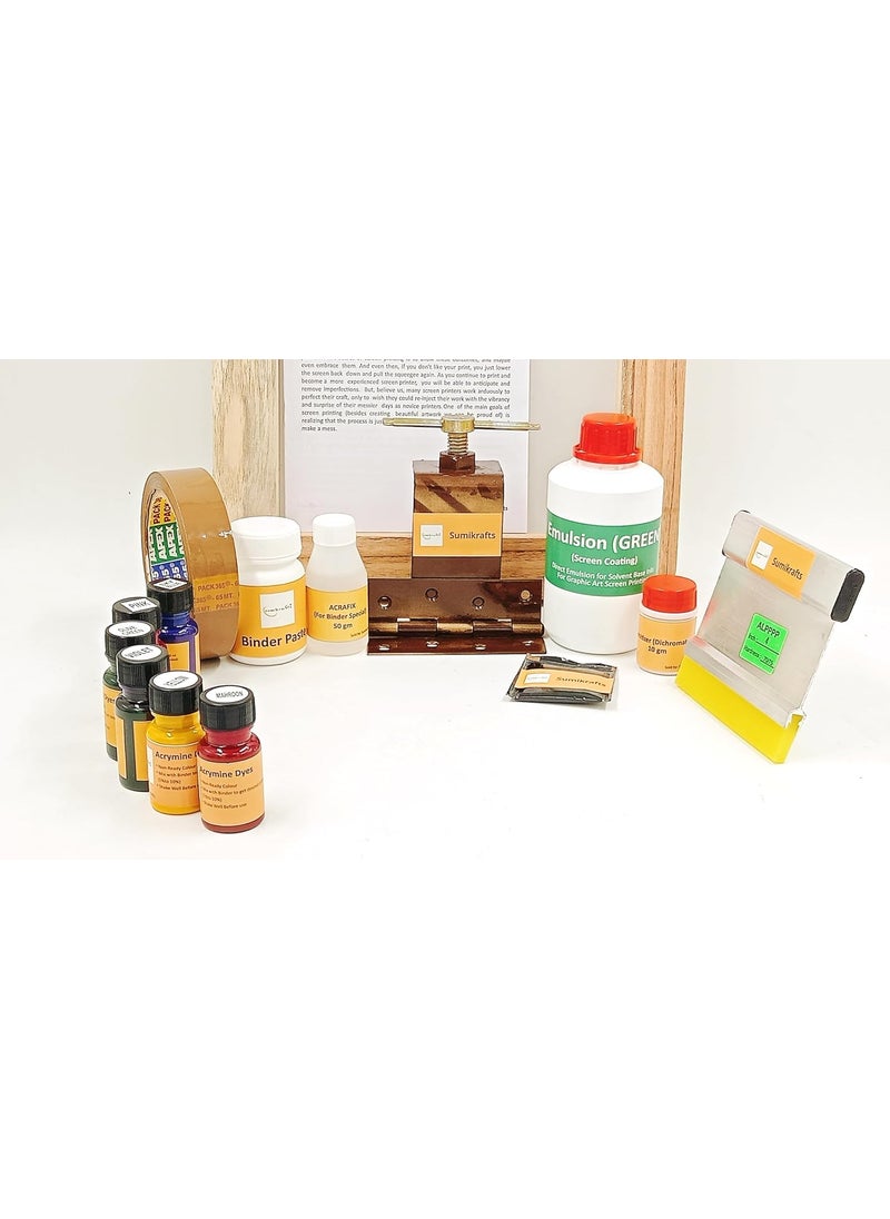 sumikrafts sumikrafts Screen Printing kit for Beginners 6 Assorted Pigment Dyes Single Hinge Table clampWooden Frame Small 8x10 pre Stretched mesh no 16Option 3  - Image 3