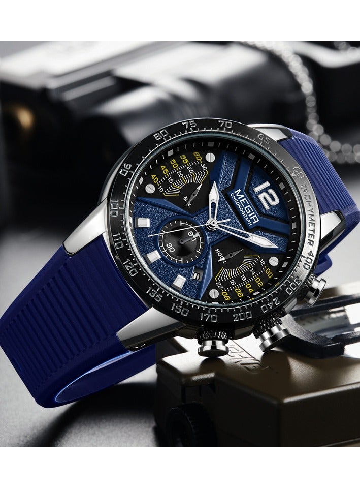 MEGIR Watches for Men Sports Pointer Quartz Watch Fashion Blue Silicone Band Waterproof Watch Ideal Gift (Blue) 48mm - Image 2