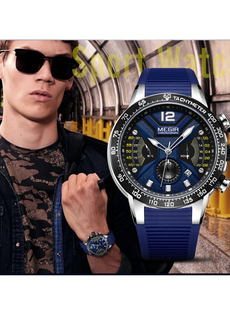 MEGIR Watches for Men Sports Pointer Quartz Watch Fashion Blue Silicone Band Waterproof Watch Ideal Gift (Blue) 48mm - Image 3