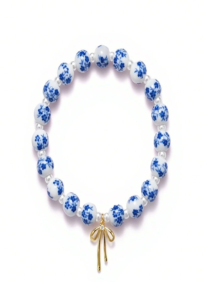 Beads Bow Charm Bracelet for Women Flower Vintage Bracelet Handmade Stretch Gold Beaded Dainty Romantic Jewelry Gift, Medium, Ceramic, Cubic Zirconia
