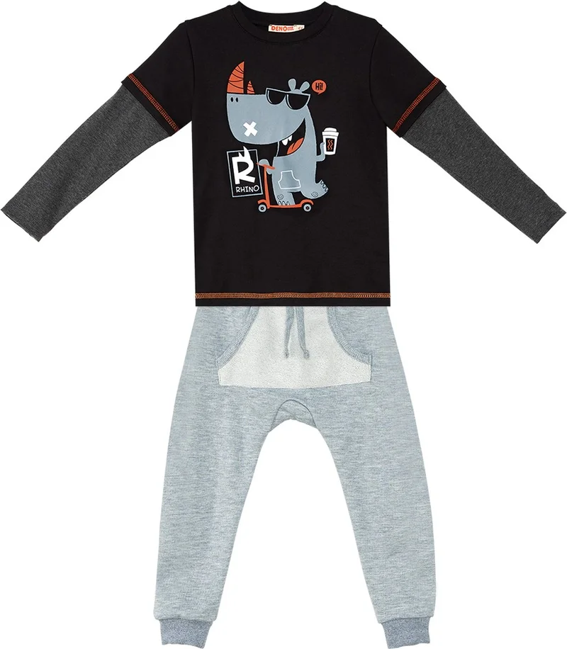Denokids Rhino Boy Black T-Shirt Tracksuit Bottom Set